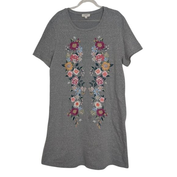 Umgee Embroidered Floral T Shirt Dress Womens Size Large Gray Short Sleeve - Picture 1 of 9